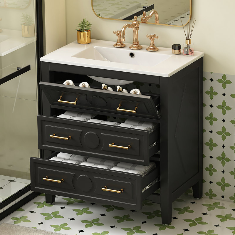 Ensemble de meuble-lavabo autoportant 30 po avec 3 tiroirs, structure en bois massif, rangement spacieux, noir, 30 po