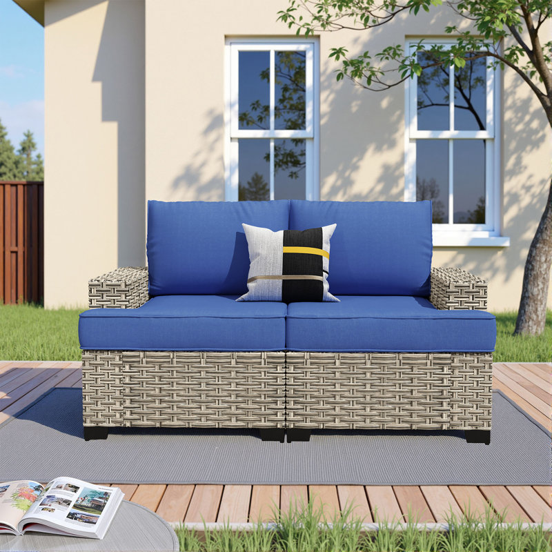 59" Wide Outdoor Wicker Loveseat With Cushions, Modular Patio Sofa Seat With Left And Right Arm Sofa, Navy