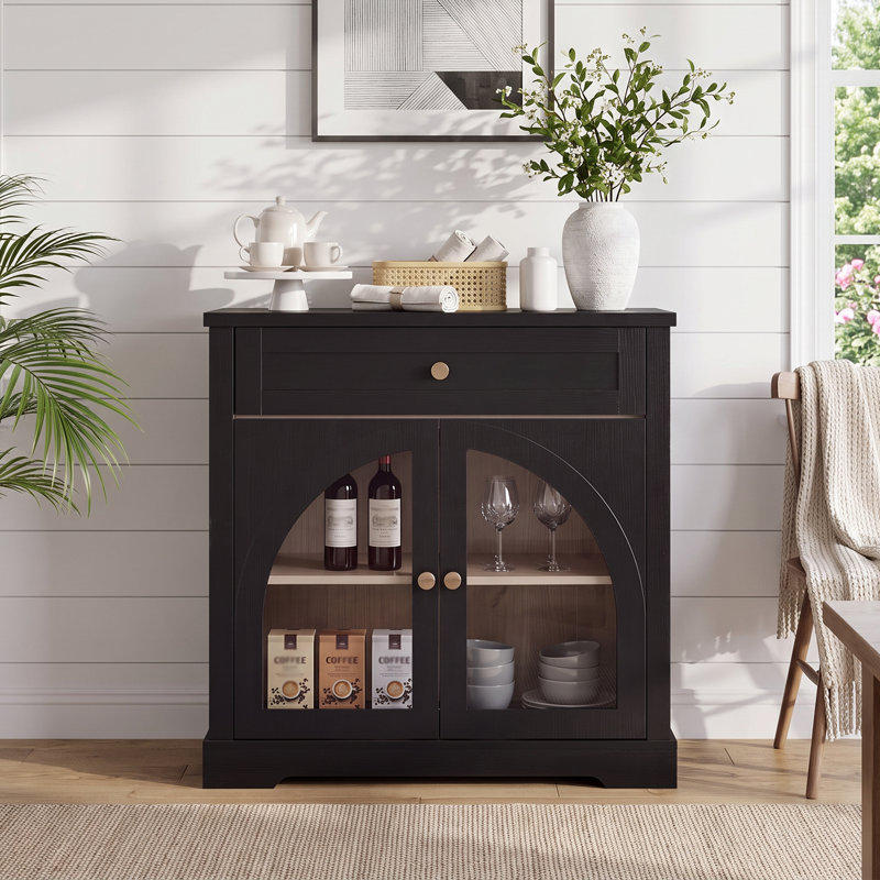 Buffet moderne en MDF de 81 cm (32 po) avec 2 tiroirs et 2 portes vitrées cintrées, fini bois noir, Black