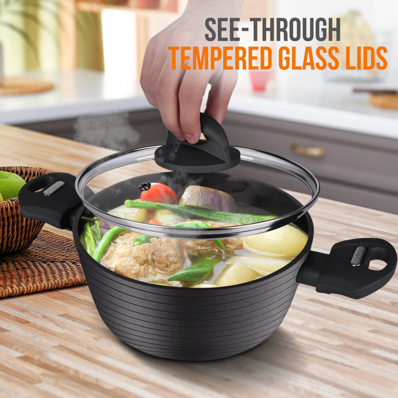 Black Aluminum 2 Quart Cooking Pot with Tempered Glass Lid