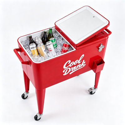80 QT Rolling Cooler Cart on Legs, Retro Red Beverage Cart with 4 Swivel Casters (2 Lockable), Built-in Bottle Opener, Portable Outdoor Ice Chest for Patio, Backyard BBQ, Party & Bar