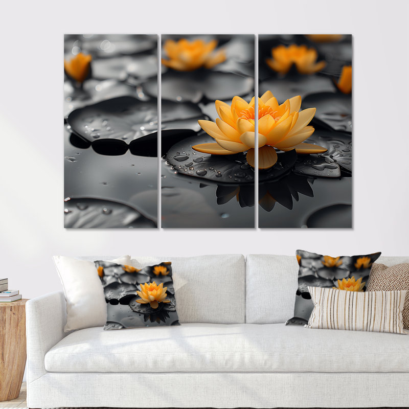 Ensemble de salon photo art mural jaune et gris Glamour Lotus, H 40 po x l 60 po x P 1 po