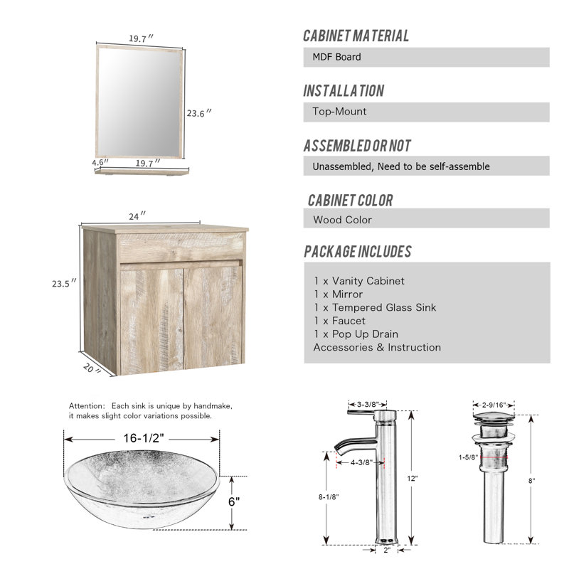 Bitha 24 " W Wall Mounted Wall Mounted Single Double Single Vanity Bathroom Vanity With Top with Mirror, Brown, Black