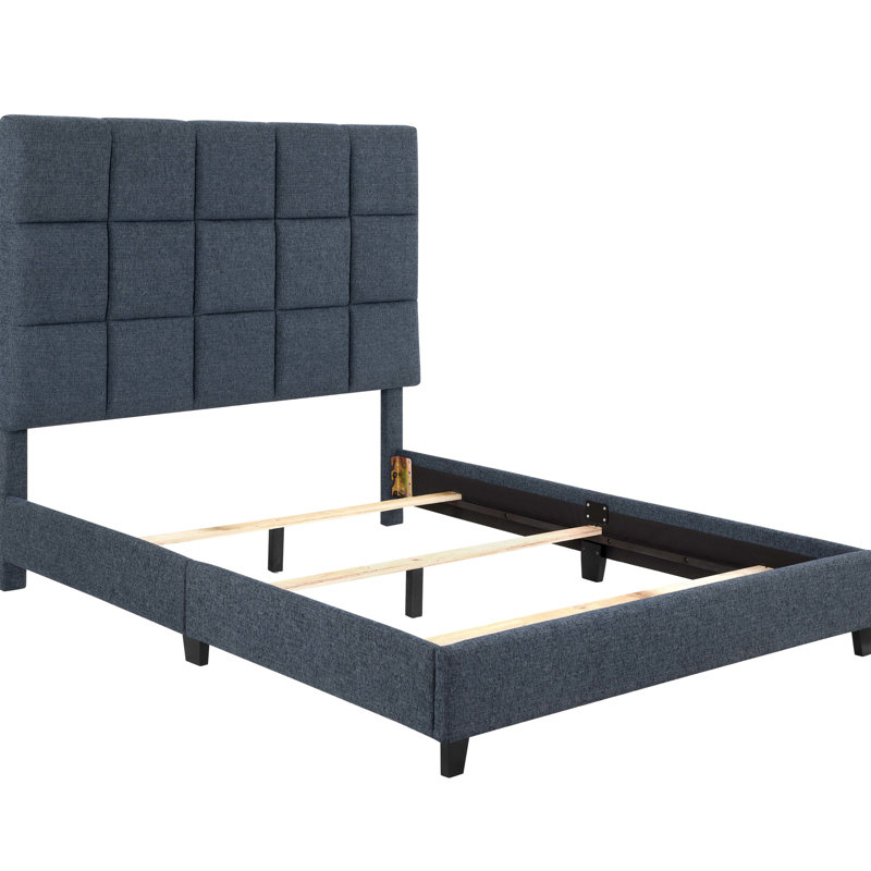 Lit grand format avec revêtement en bois massif bleu marine rembourré et support en mousse