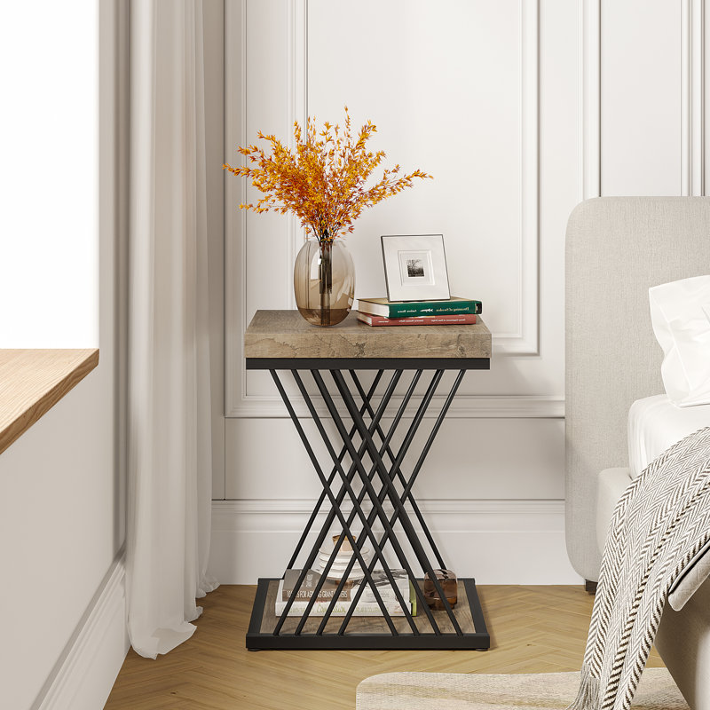 25.6'' Tall Square End Table Set, Grey Top/Black Base