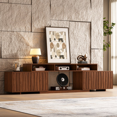 63.4''w To 94.5''w Expandable Tv Stand, Walnut Finish Adjustable Entertainment Center With Storage For Tvs Up To 100", Mid-century Modern Media Console With Open Shelves For Living Room