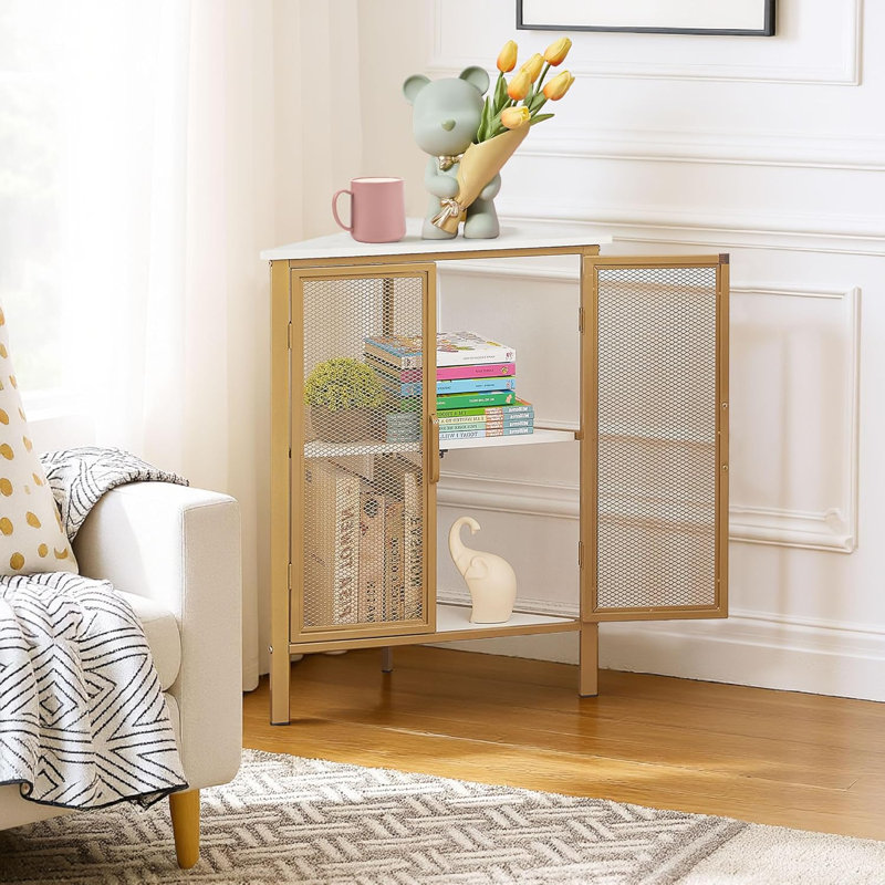 Leilla White Gold 2 Doors Corner Accent Cabinet Triangular 3-tier Storage Cabinet, White/Gold