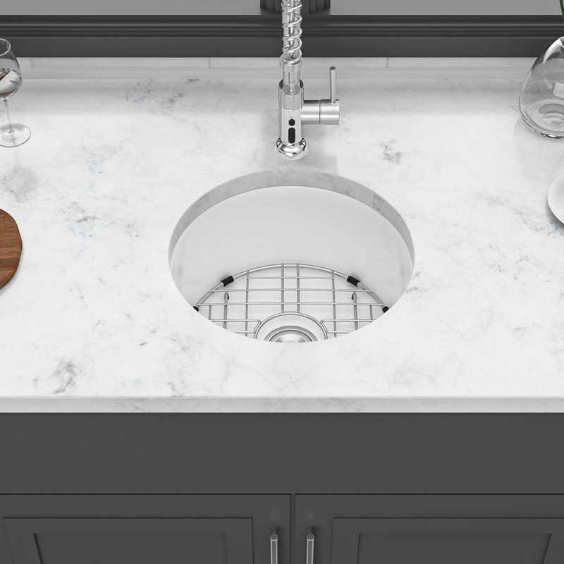 Évier de cuisine circulaire à double fixation en céramique avec drain et grille