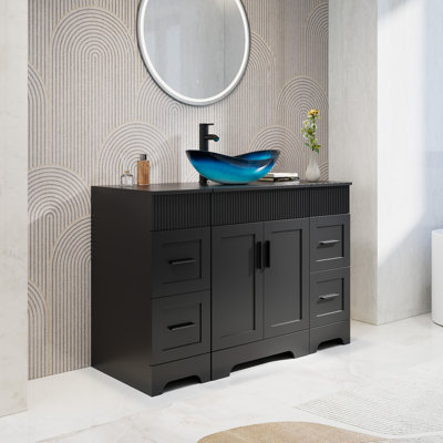Meuble-lavabo avec lavabo vasque, robinet, plateau en bois manufacturé Akron