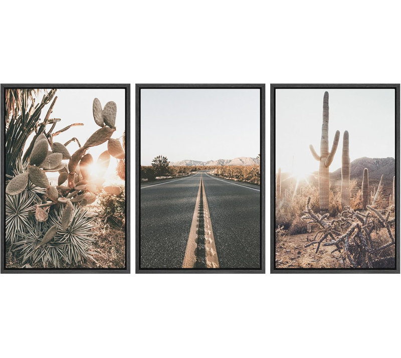 «Cactus Desert», «Road Through The Joshua Tree Landscape», grande impression sur toile 3 pièces, Cadre flottant noir