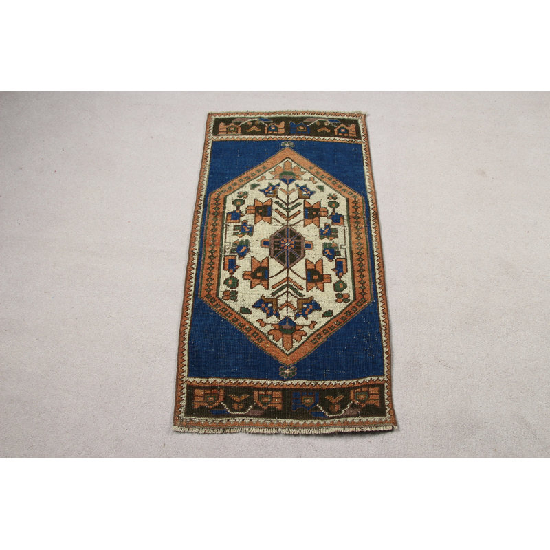 Blue Vintage Turkish Small Rugs Ideal For Outdoor And Indoor Use Featuring Retro Boho Wool Tribal Design Perfect For Door Mat And Home Decor