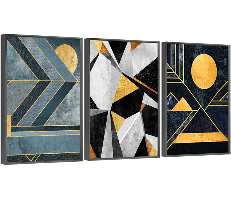 Abstrait, art mural, ensemble de 3 reproductions d'art sur toile encadrées, H 16,3 po x l 36,3 po x P 1,65 po, Noir