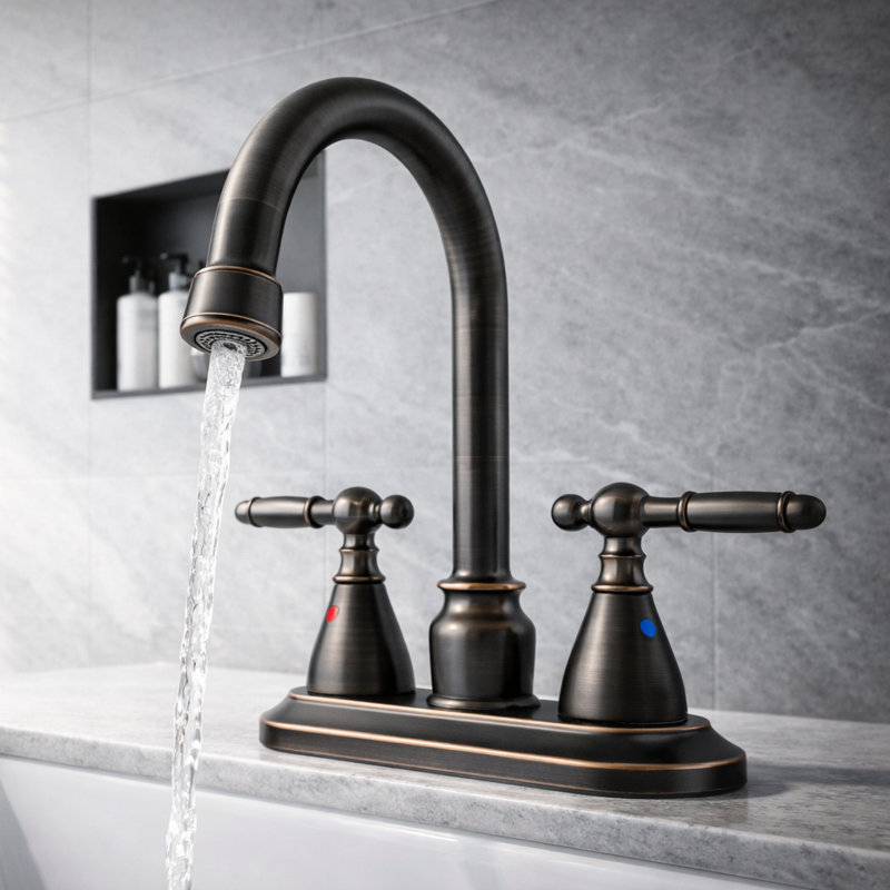 Robinet de salle de bain pivotant à 360 ° à centre arqué en bronze huilé style rétro, robinet de meuble-lavabo à 2 poignées et 4 trous à 3 poignées