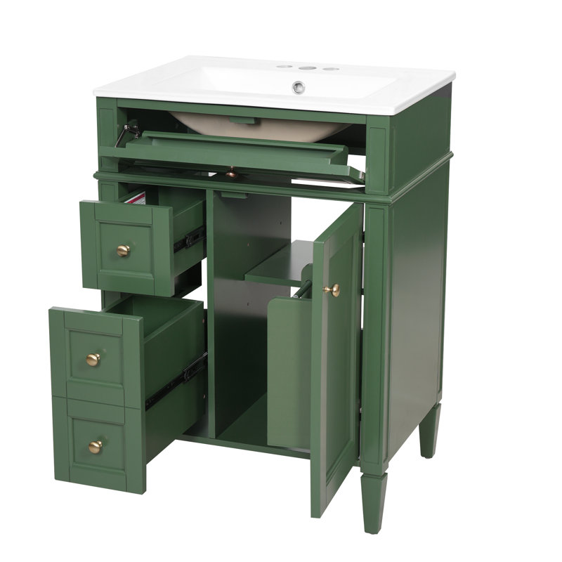 Meuble-lavabo moderne avec un lavabo, 61 cm (L) x 46 cm (P), armoire en bois vert avec lavabo en céramique intégré et tiroirs