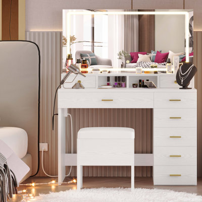Modern Style 39.3"w 8 Drawers Vanity Desk With Led Mirror And Lights And Power Outlet by Latitude Run