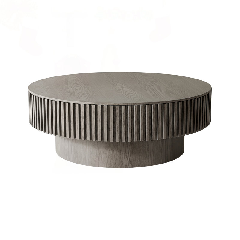 Table basse ronde avec rangement caché et motif cannelé gris, H 13,78 po x l 39,37 po x P 39,37 po, Gris