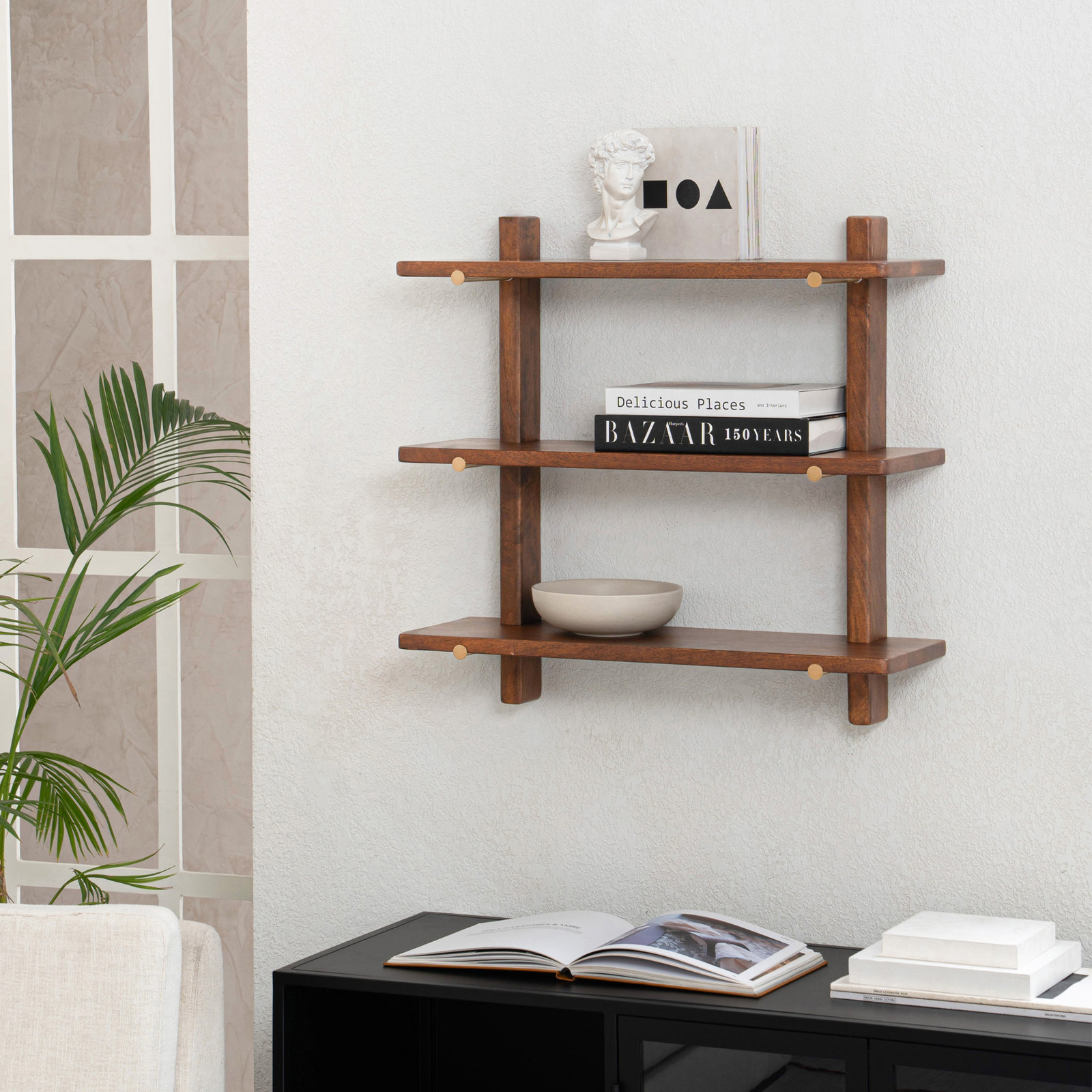 Francis Solid Wood Wall Mounted Shelves, Walnut