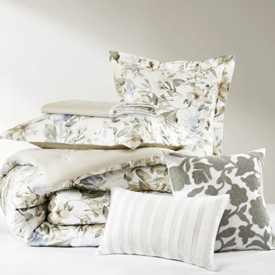 6Pcs King Oversized Cotton Print Comforter With Natural - Inspired Floral Arrangement, 300Tc Woven Cotton, 300Gsm Cloud Like Softness, Coordinated Bedding Including Flange Shams And Decor Pillows In