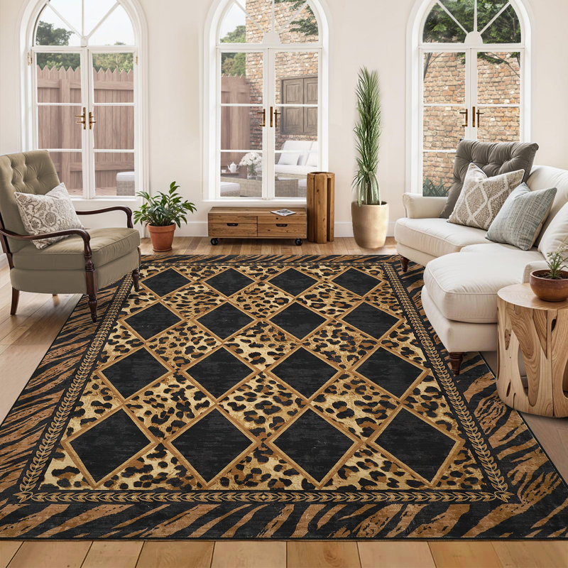 Animal Print Machine Washable Rugs for Living Room Bedroom Non Slip Soft Low Pile Checkered Indoor Carpet for Dining Room