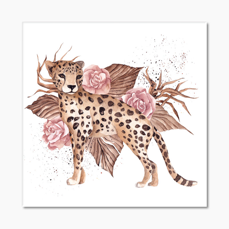 18_Léopard avec fleurs tropicales roses - reproduction d'art sur toile traditionnelle, H 36 po x l 36 po x P 1 po