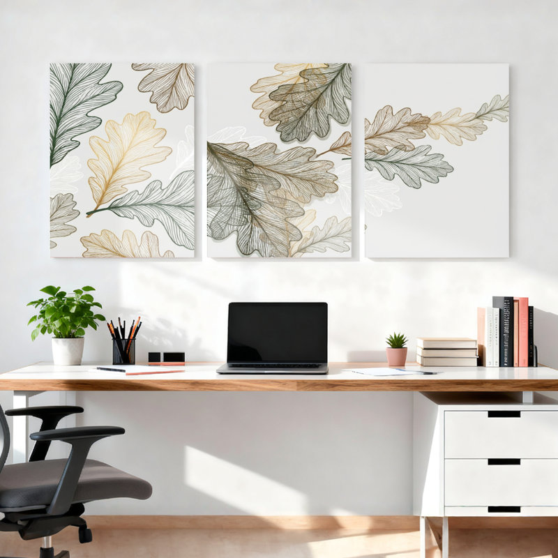 Ensemble de 3 art mural en toile de chêne à motif de feuilles de chêne pour le salon, H 24 po x l 48 po