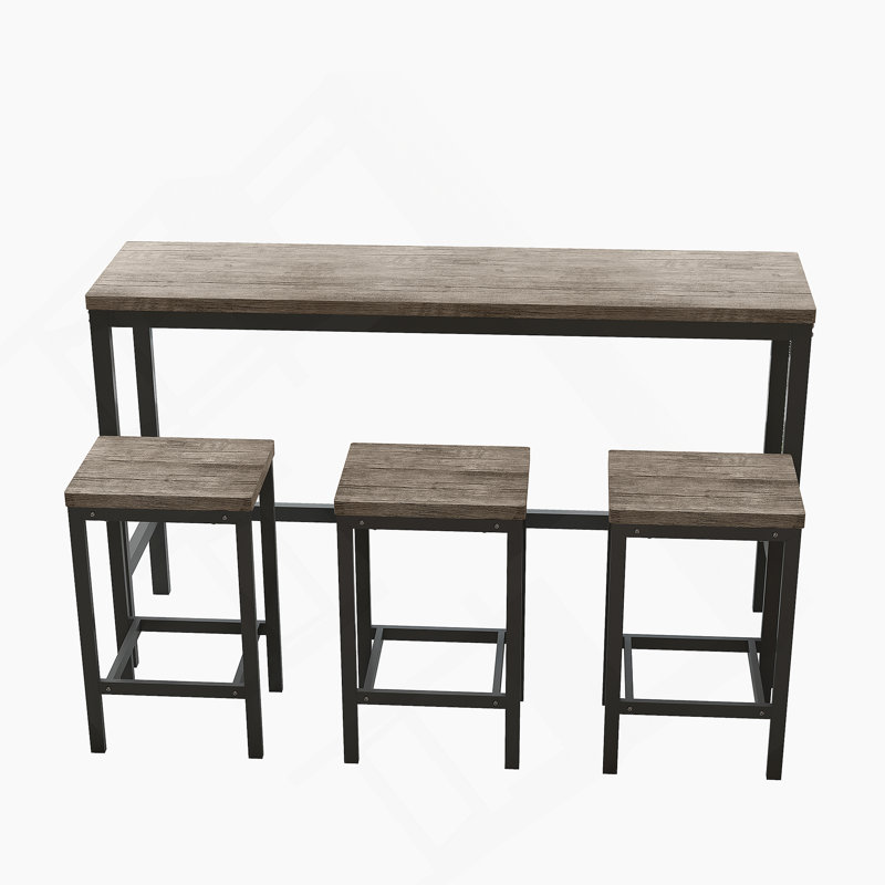 Counter Height Extra Long Dining Table Set With 3 Stools Pub Kitchen Set Side Table With Footrest, Gray/Black, Gray