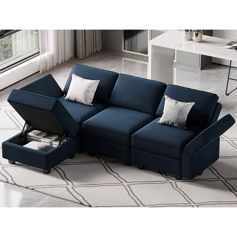 Nakash L-Shaped Sectional Modular Sofa with Storage Ottoman, Blue Velvet