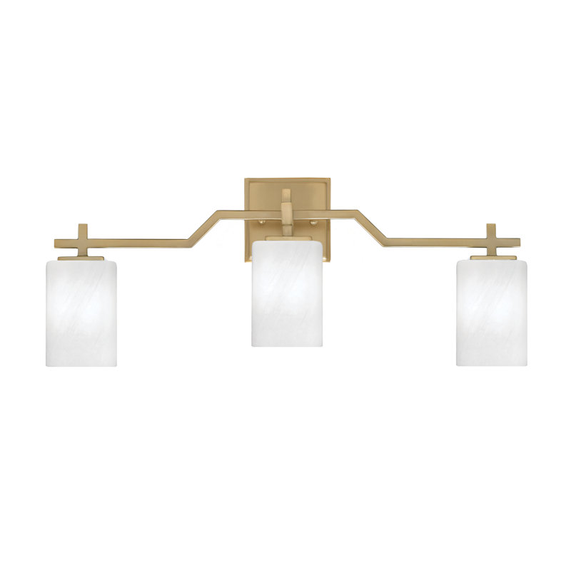 Barre de bain Headland illustré avec verre de marbre blanc de 4 po, Laiton, Trois lumières