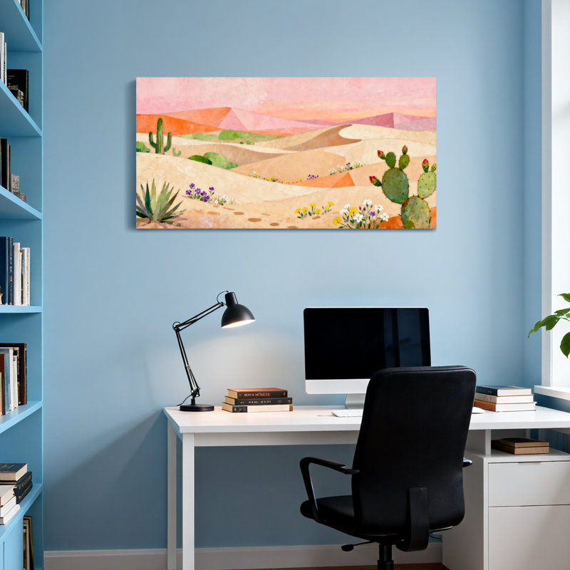 Plantes et fleurs, paysage désertique avec cactus et fleurs, H 16 po x l 32 po