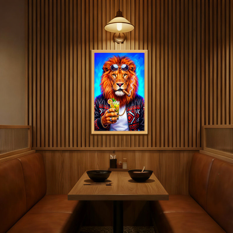 Animaux, lion avec lunettes de soleil et cocktail, H 18 po x l 12 po