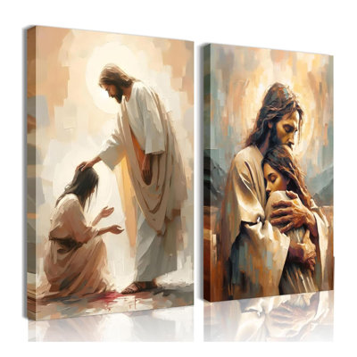 2Pcs Christian Wall Art Jesus Hug Woman Wall Decor Safe Haven affiche, impression sur toile, peinture spirituelle chrétienne, art de la Bible, image de Jésus et de la jeune fille murale pour le salon, la chambre, le bureau, 12 x 16 po, toile
