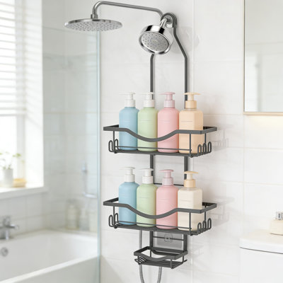 Serviteur de douche réglable réglable avec porte-savon et crochets, organisateur de douche antirouille de grande capacité avec conception anti-balançoire pour une installation au-dessus de la pomme de douche