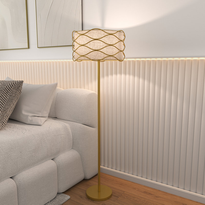 Modern Floor Lamp with Wavy Metal Accent and Fabric Drum Shade