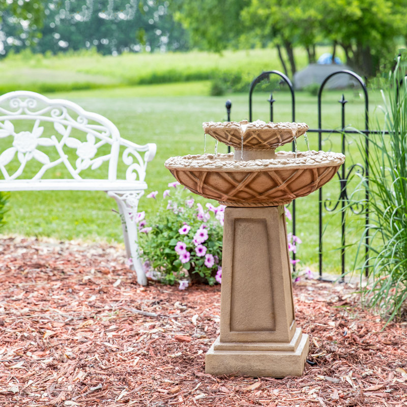 Beveled Flower Light Brown Polyresin 2-Tier Birdbath Water Fountain