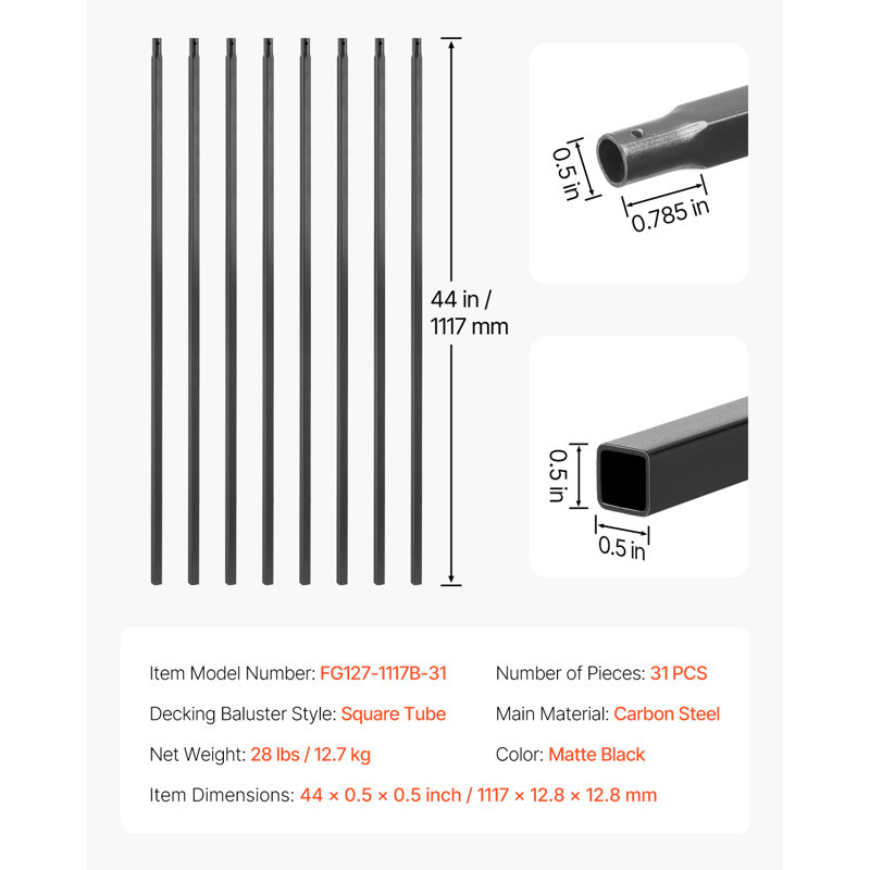 Paquet de 31 barreaux d'escalier, balustres d'escalier en acier au carbone durable de 44 po, rampe intérieure carrée en métal à 0,5 broche, balustrade creuse anti-corrosion avec trous pré-percés, noir mat