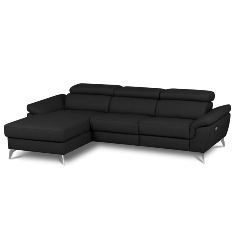 Milton Keynes Italian Leather Electric Reclining Corner Sofa with Adjustable Headrests and Adjustable Armrests, Black