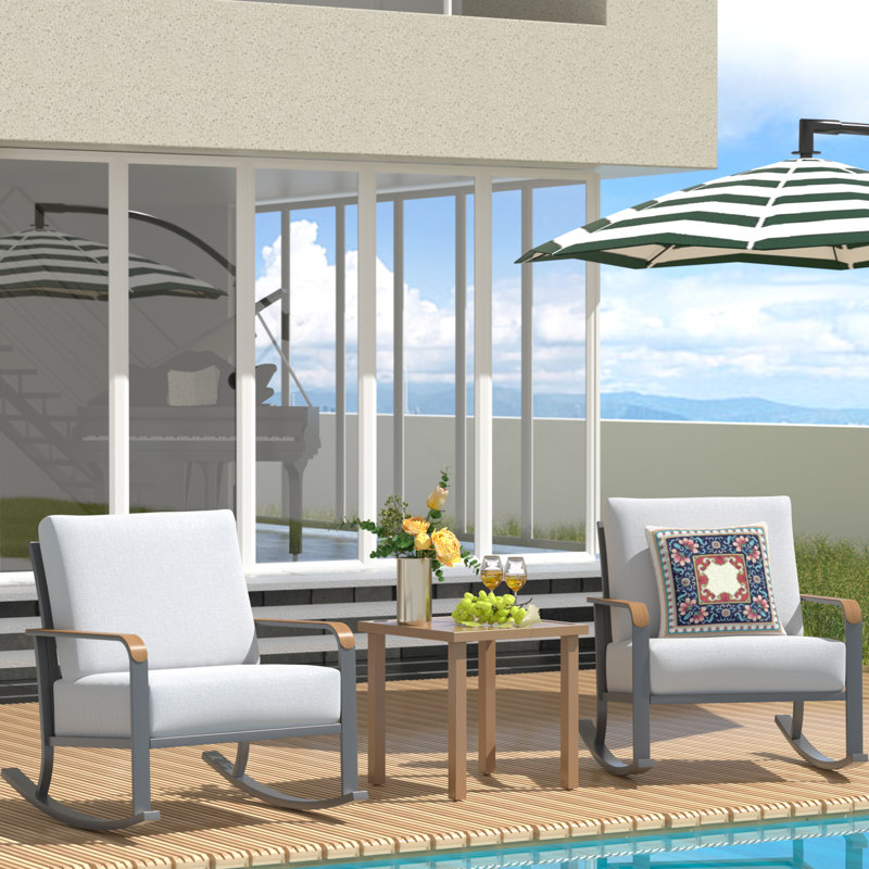 3 Pieces Outdoor Patio Furniture Conversation Set with 2 Metal Rocker Chairs, Gray/Brown Frame/Gray Cushion
