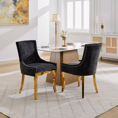 Chenille Dining Chairs Modern Style With Curved Gold  Plated Legs  Rivet Trim Upholstered Comfort