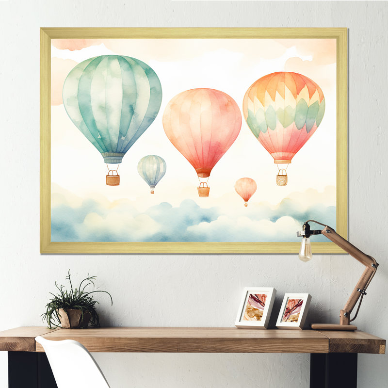 Vert et rouge, aquarelle, montgolfière Horizon I - montgolfière, art mural, Cadre doré à coins fermés