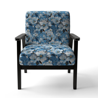White And Blue Bliss Floral Pattern - Upholstered Farmhouse Arm Chair, Blue Accent Chair