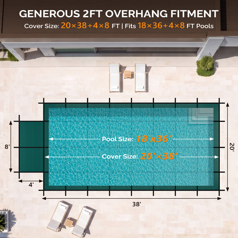 Couverture de sécurité pour piscine creusée rectangulaire 18 pi x 36 pi Winado avec marche centrale 4 x 8 pi, 18x36 ft.