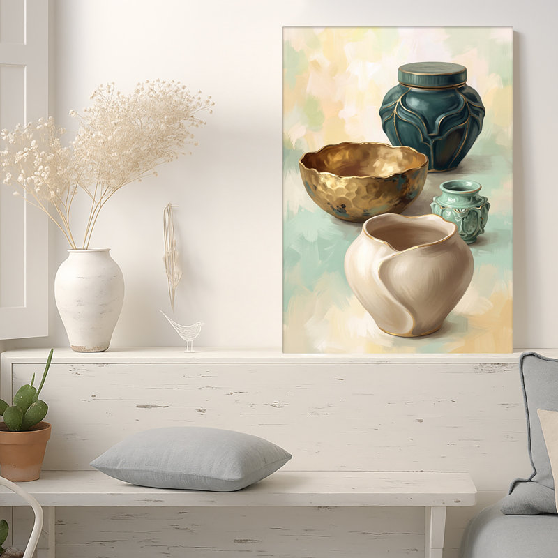 Art mural sur toile en céramique sarcelle et dorée, 30"H x 20"W