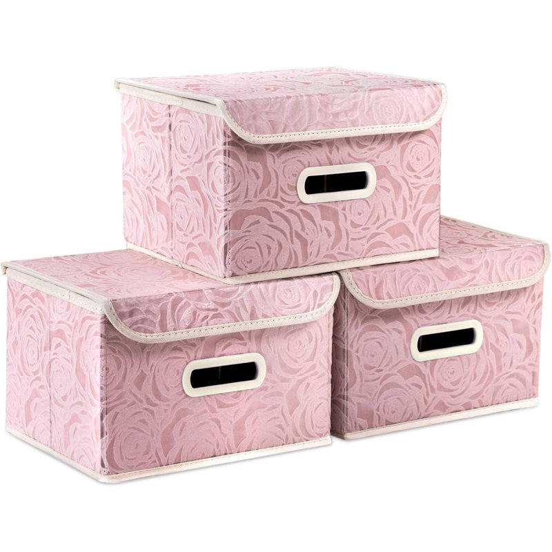 Stackable Storage Boxes With Lids [5-Pack] Fabric Decorative Storage Bins Cubes Organizer Containers Baskets With Cover Handles Divider For Bedroom Closet Living Room