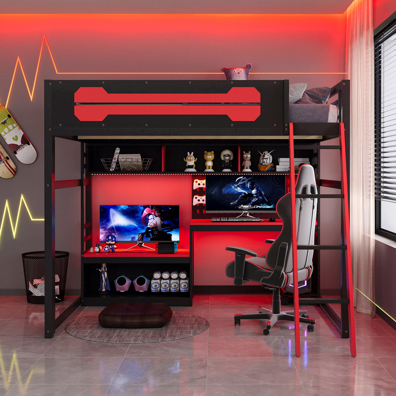 Full Size Wooden Frame Material Loft Bed Frame With Desk, Shelves, With Led Lighting Function Lights, With Usb Charging Function Ports And Pegboard, In Black Finish+Red
