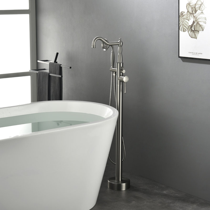 Freestanding Bathtub Faucet Tub Floor Mount Bathroom Faucets Brass Single Handle with Hand Shower, Brushed Nickel
