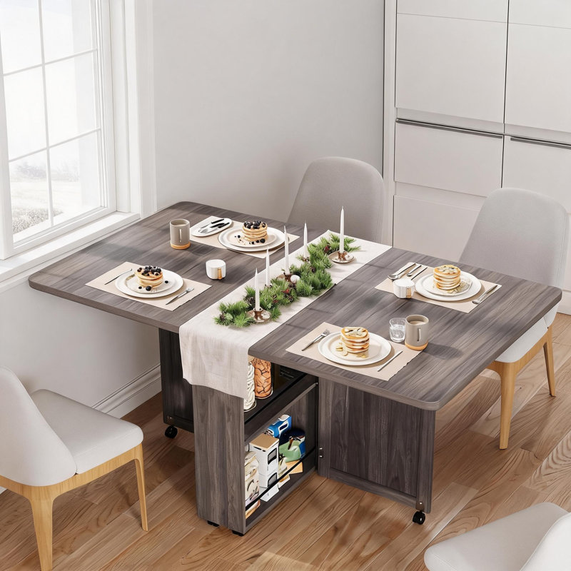 Table de salle à manger pliable, avec tiroir de rangement et 6 roulettes, Gray