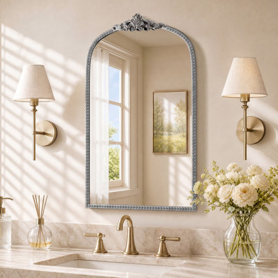 Miroir rétro, miroir de salle de bain baroque antique arqué 24 po x 36 po, miroir mural décoratif, miroir de meuble-lavabo orné pour vestibule, salon, couloir, chambre à coucher, argent