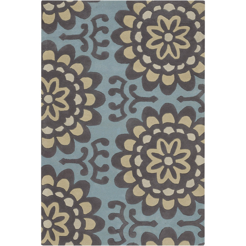 Burchell Authentic Hand-Tufted Handmade Powder Blue & Taupe Floral Medallion Wool Area Rug, Rectangle 7'9" x 10'6"