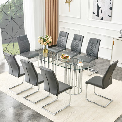Ensemble de table de salle à manger de 71 po en verre trempé ovale pour 8 personnes, table de cuisine moderne 9 pièces et chaises pour 8 personnes avec chaises en similicuir gris et base à double piédestal argenté