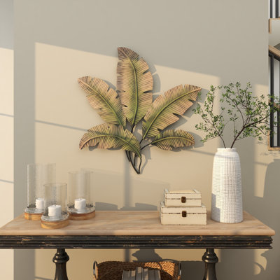 Metal Palm Leaf Brown Wall Decor with Green Accents